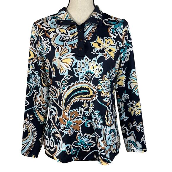 Chico’s SZ 0 (Small) Top Floral Long Sleeve 1/4 Snap Collared Stretch Blue Multi - Picture 1 of 7
